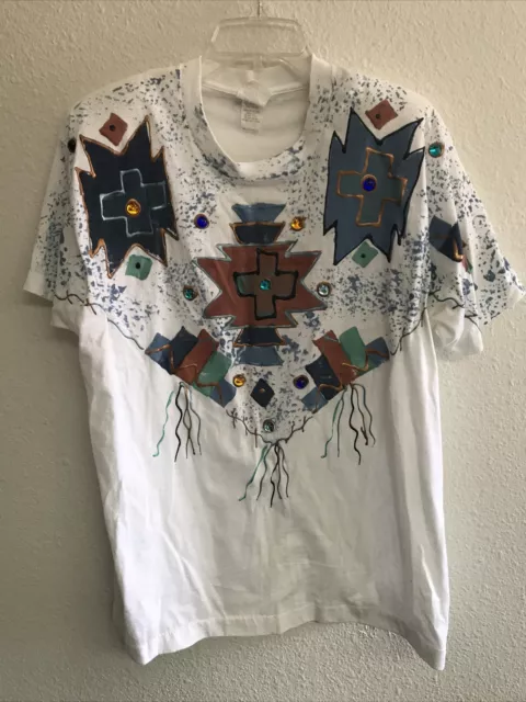 Vintage Puff Paint Southwestern Aztec  T-shirt One Size Shoulder Pads Beads 80’s