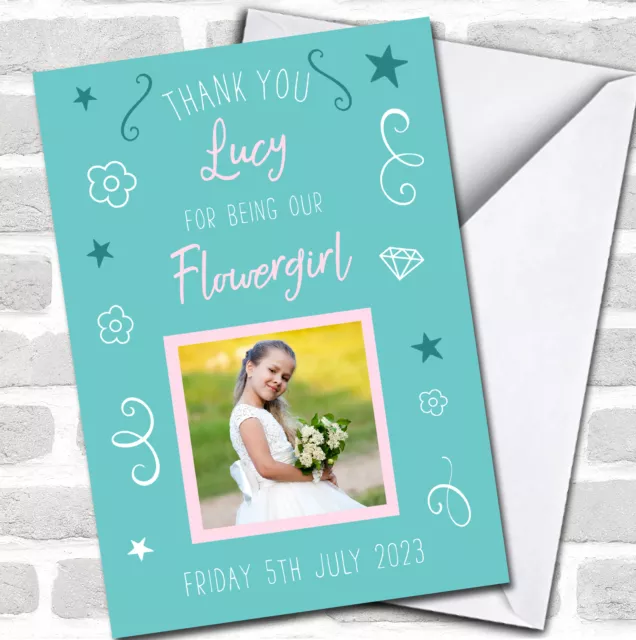 Thank You Our Flower Girl Wedding Day Photo Pink Turquoise Personalised Card