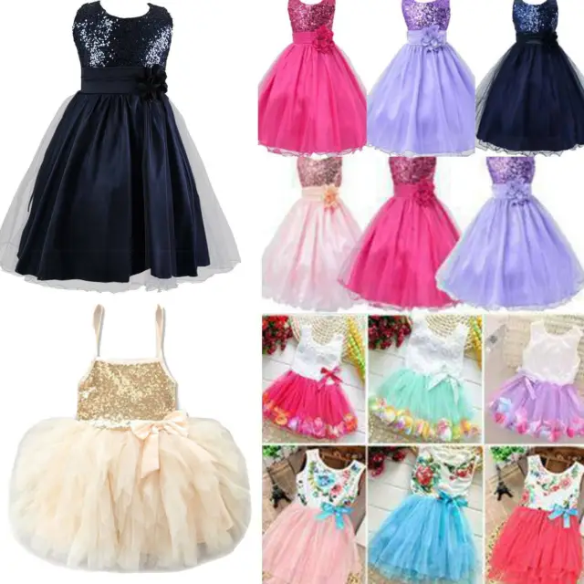 Kids Baby Flower Girls Party Sequins Dress Wedding Bridesmaid Princess Age 1-8Y