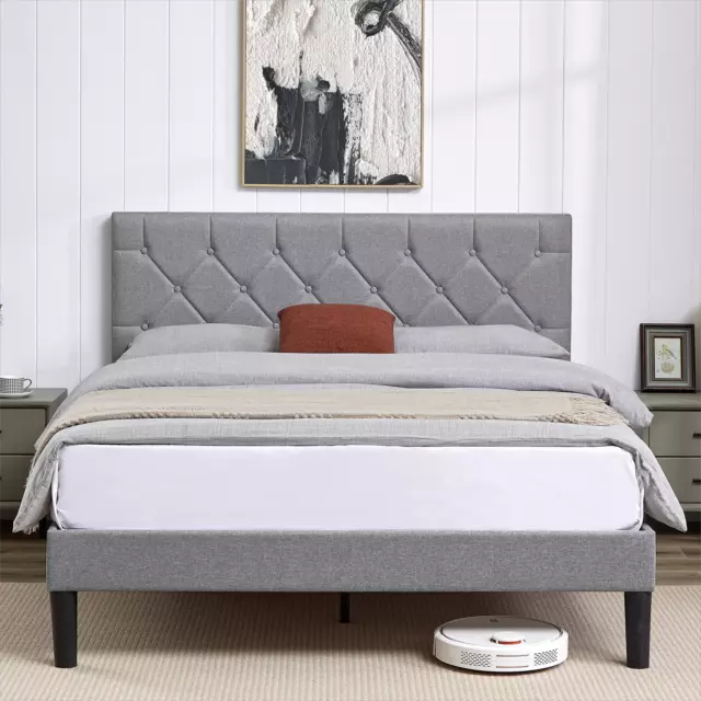 Twin Full Queen Bed Frame w/ Tufted Headboard Platform Bed Wooden Slat Support