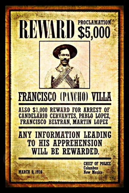 Poncho Villa Wanted Sign 8"X12" All Weather Metal Western Cowboy Bandit Decor