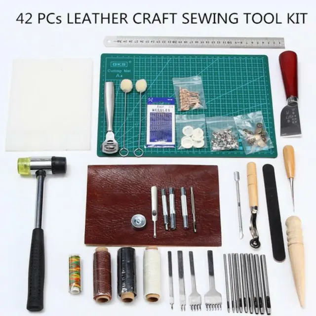 42 piezas Kit de herramientas perforador de costura artesanal de cuero Juego de cortador talla trabajo costura