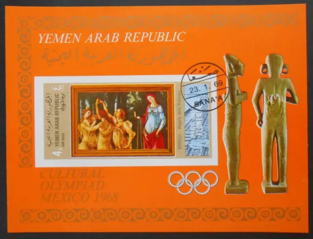 Jemen JAR 1969, Block, Mi. Bl.95, Kunst, Gemälde, Olympia, Kultur,  gestempelt