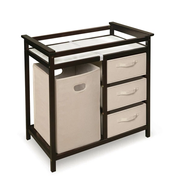 Modern Baby Changing Table with Laundry Hamper, 3 Storage Baskets, and Pad