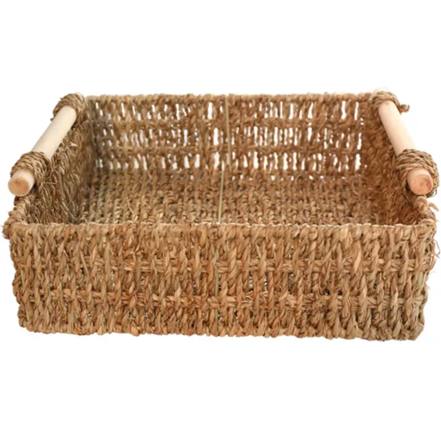 TWO Hand Woven Storage Baskets with Wooden Handle Rectangular Seagrass Baskets