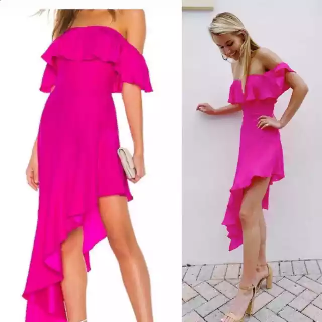 Amanda Uprichard hot pink silk off shoulder high low flutter dress size small