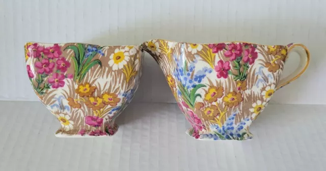 Vintage Royal Winton Grimwades MARGUERITE Floral Chintz Creamer & Open Sugar Set 2