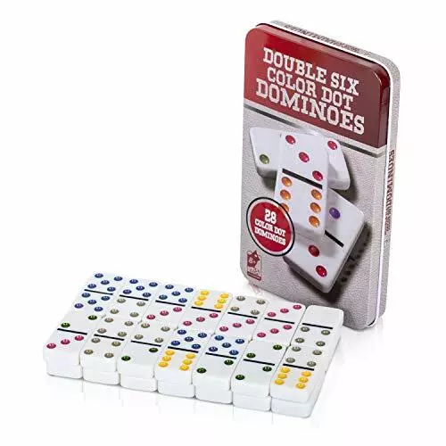 Kav 6 Colour Club Pub Dot Dominoes Game Set - 28 Double 6 Dominoes with Tin Box