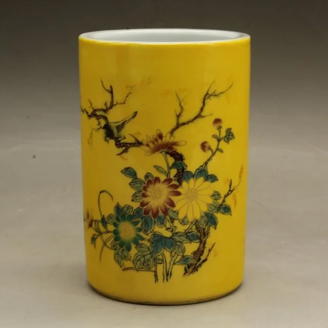 4.7" Chinese Yellow Glaze Porcelain Colour Flowers Birds Brush Pot Pencil Vase