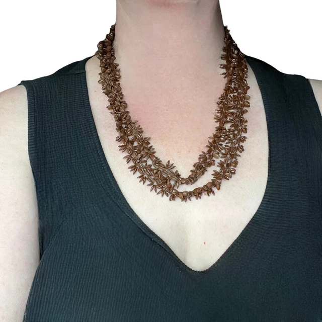 Hawaiian Beach Apple Seed Necklace Bohemian Hippie Vintage Brown Woven 48 Inches