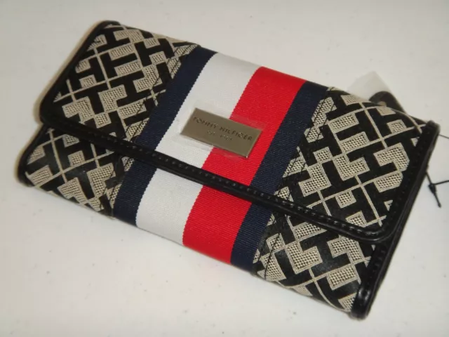 TOMMY HILFIGER Women's TH Signature Wallet Black Khaki Canvas Red White Stripes