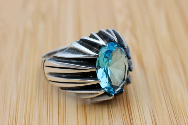 Bague pour homme avec topaze bleue et zircon ovale en argent sterling 925 massif