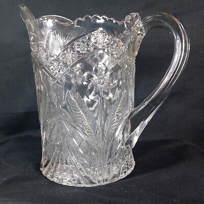 FLORAL DAISY Antique ABP AMERICAN BRILLIANT PERIOD CUT GLASS large Pitcher rare
