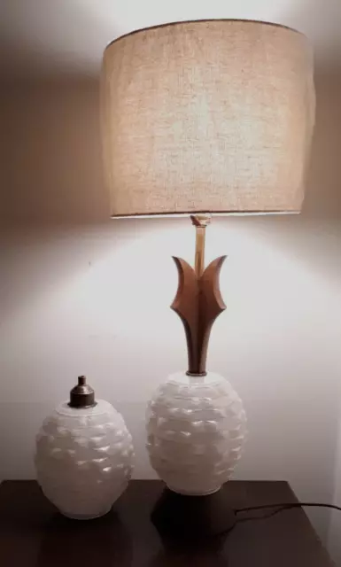 Set Vtg MCM Glass Wood Lamp Iridescent Table Weave Pendant Swag Shade White