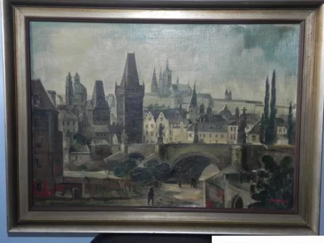 altes Ölgemälde Öl Gemälde Prag Karlsbrücke sign. Rudolf ? Fuchs Goldene Stadt
