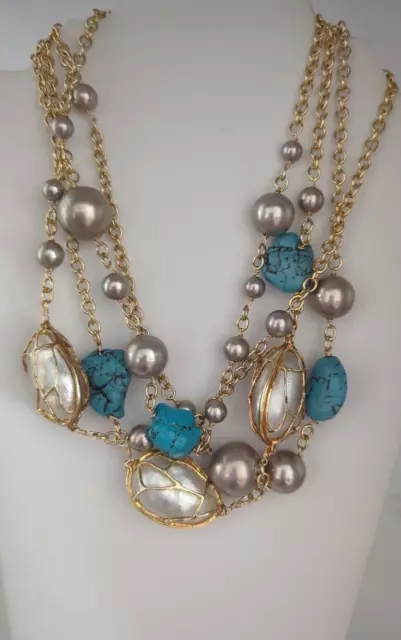 Alexis Bittar 4 Strand Faux Turquoise, Gray Beads and White Stones Cage Necklace