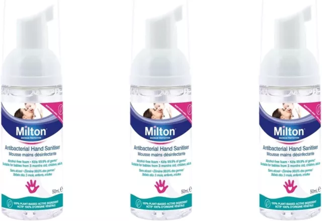 x 3 MILTON Antibacterial Hand Sanitiser Mousse 50ml Disinfects Hands In Seconds