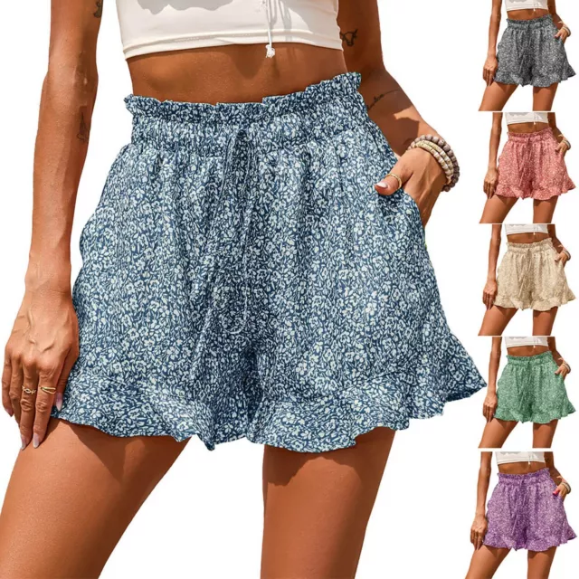 Women's Casual Shorts Elastic High Waist Ruffle Floral Print Comfy Summer au