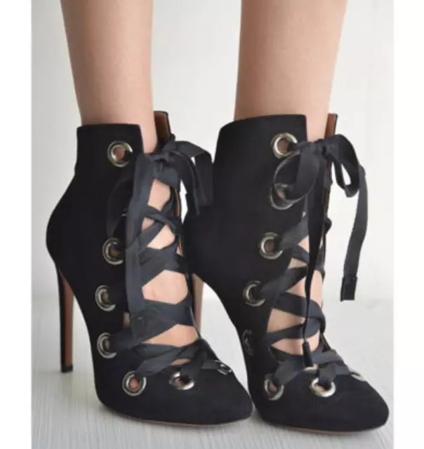 36.5 Us 6.0 ❤️ Alaia Eyelet Gladiator Lace Up Black Suede  High Heel Ankle Boots