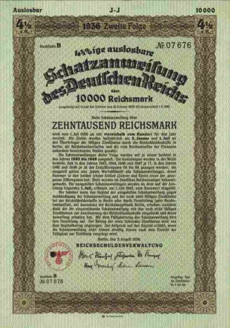 DEUTSCHES Reich 4,5 % Schatzanweisung 1936 Berlin Adler 10.000 RM Schultzenstein