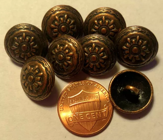 8 Domed Antiqued Copper Tone Metal Shank Buttons Almost 5/8" 15mm 9561