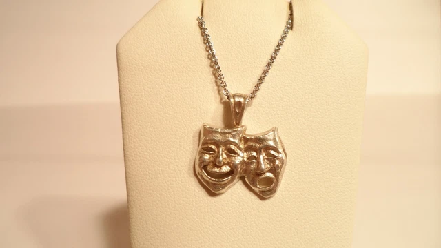 **Sterling Silver COMEDY AND TRAGEDY MASKS on Sterling Silver Chain NECKLACE** **Sterling Silver COMEDY AND TRAGEDY MASKS on Sterling Silver Chain NECKLACE**
