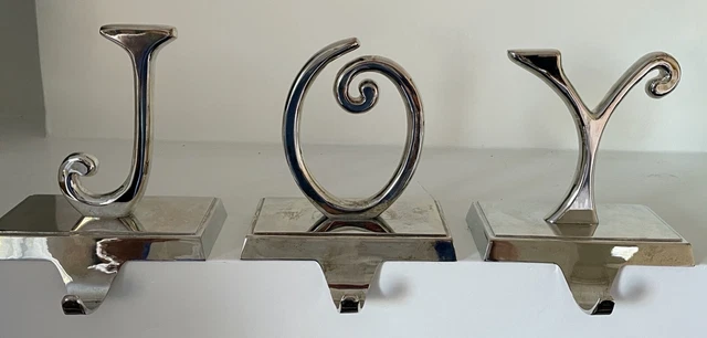 POTTERY BARN JOY Silver Plated Christmas Stocking Holders-Set of 3 Letters