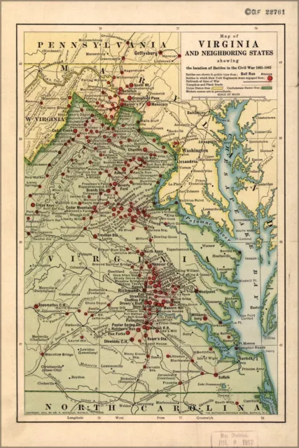 Poster, Many Sizes; Map Of Virginia Battles In Civil War 1861-1865