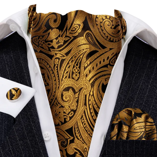 Mens Silk Ascot Yellow Gold Green Paisley Cravat Vintage Scarf Tie Hanky Set