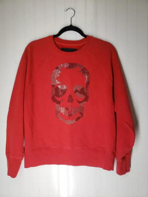 Zadig And Voltaire Sweater Womens Medium Red Crew Neck Camo Skull Rhinestone