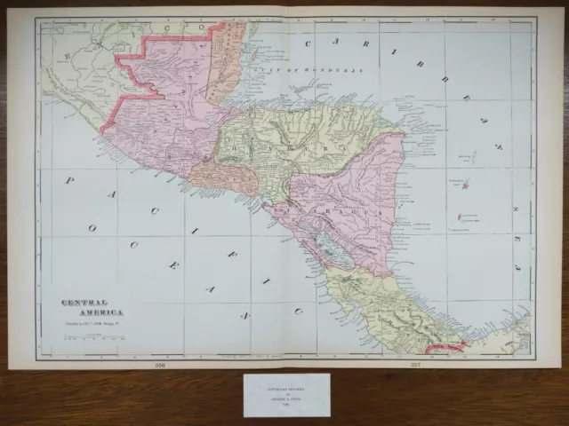 Vintage 1900 CENTRAL AMERICA Map 22"x14" Old Antique Original COSTA RICA MEXICO