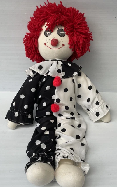 CLOWN RAG DOLL, Handmade Vintage Design, Red Hair Polka Dot 55cm
