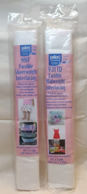 LOT of 2~1 Ea. Pellon 906F Fusible Sheerweight & 931TD Midweight 15"x 3yds White