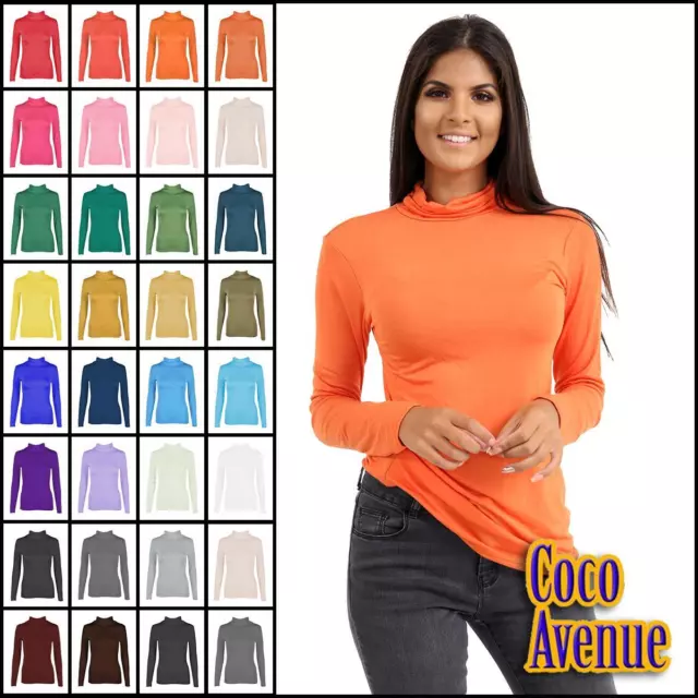 Ladies Polo High Neck T-Shirt Long Sleeve Plain Stretchy Basic Jersey Casual Top