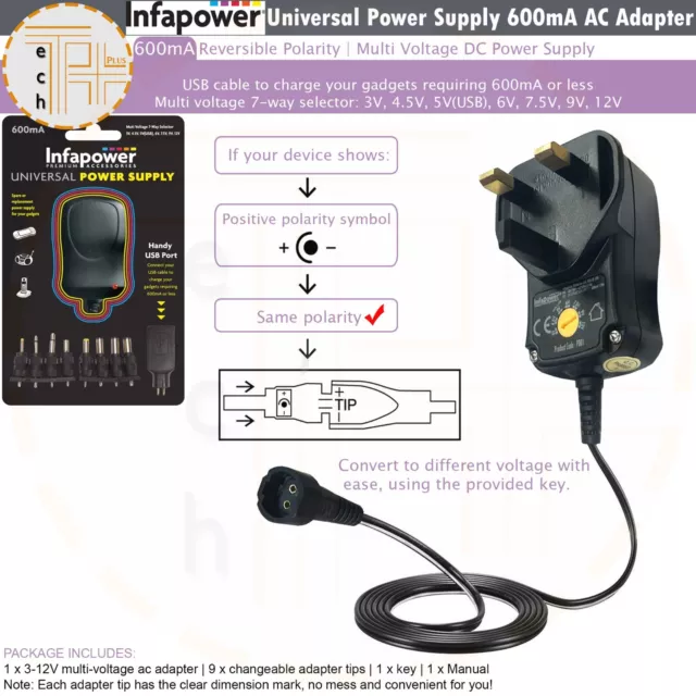 Infapower Universal Power Supply 600mA 7-Way AC/DC Adaptor USB Support