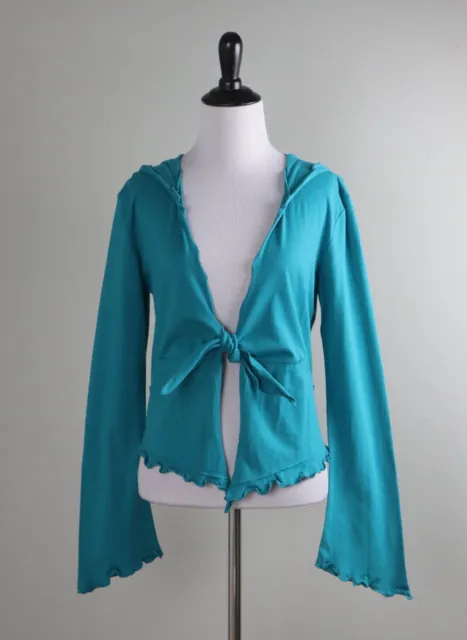 ANTHROPOLOGIE NWT Raga Stretch Tie Front Ruffle Trim Hoodie Top Size Small