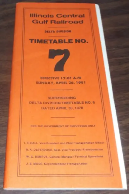 April  1981 Icg Illinois Central Gulf Delta Division Employee Timetable #7