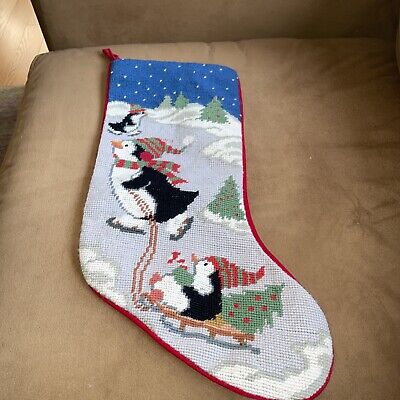 Medias de Navidad vintage de lana con aguja de pingüinos de 20"" fieltro espalda ¡LINDAS!