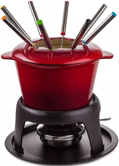 Chocolate Cheese Fondue Set Cast Iron Melting Pot Includes 8 Forks Fuel Burner