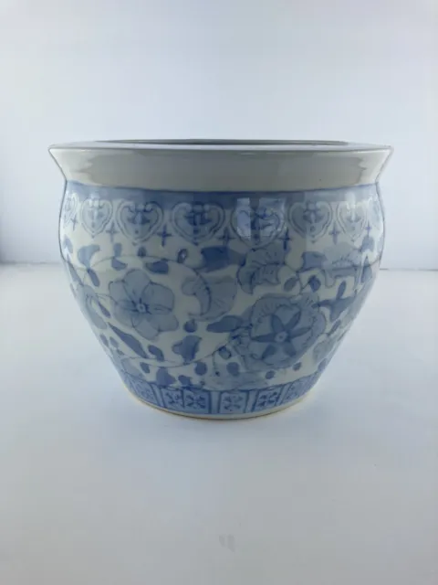 Chinese Porcelain Jardiniere Planter Blue & White Fish Bowl Floral 6 X 8”