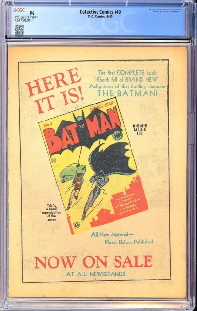 Detective Comics #40 (Page 7 Only) Ad for Batman #1 Golden Age DC 1940 CGC PG