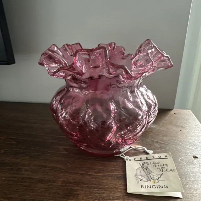 Vintage Cranberry Red Fenton Ruffled Beaded Diamond Optic Vase 5" Tall