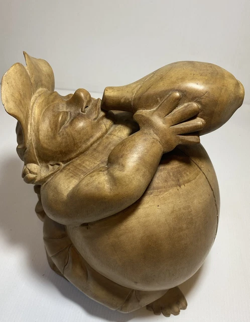 Wood Carving Sculpture Balinese Fat Man Drinking. Approx 24cm  Tall.