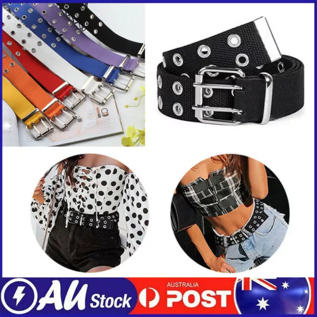 Double Grommet Holes Canvas Belt 2-Row Studded For Women Men Punk Belts AUS