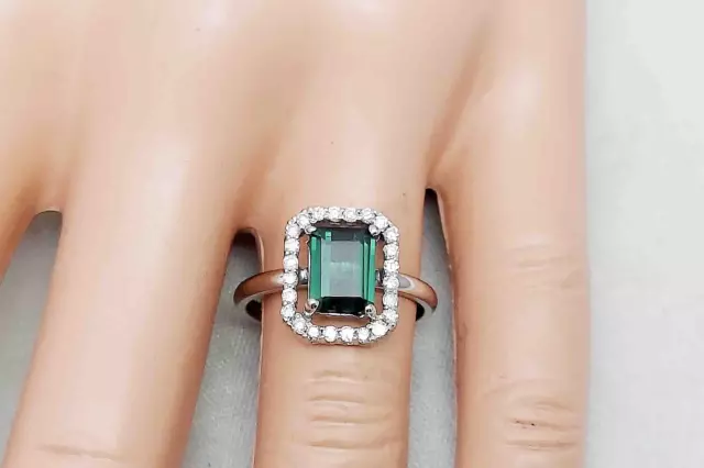 1.51Ct Green Tourmaline & Diamond Ring In 14K White Gold Plated