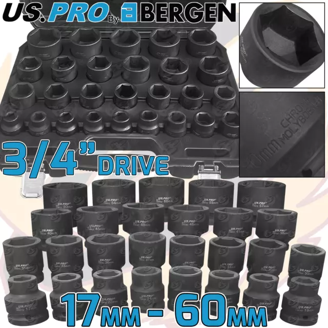 US PRO 3/4"Inch DRIVE IMPACT Socket Set 17mm - 60mm HGV Long Reach Impact Socket