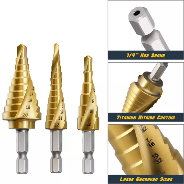 3PC Drill Bit Set Titanium HSS Steel Cone Step Quick Change 1/4" Shank Hole Tool
