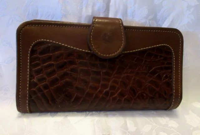 Brahmin Brown Croc Embossed Leather Bifold Id Checkbook Wallet