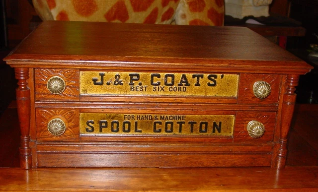 Two drawer J & P Coats spool thread cabinet with empossed letters----16013