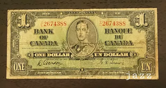 1937 Canada $1 One Dollar Note Featuring King George VI Gordon Towers 2674388